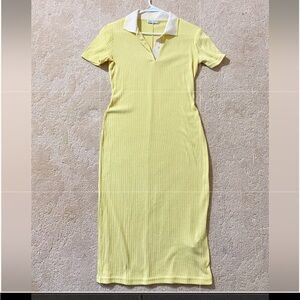 Zara Yellow Ribbed Midi Dress with White Collar